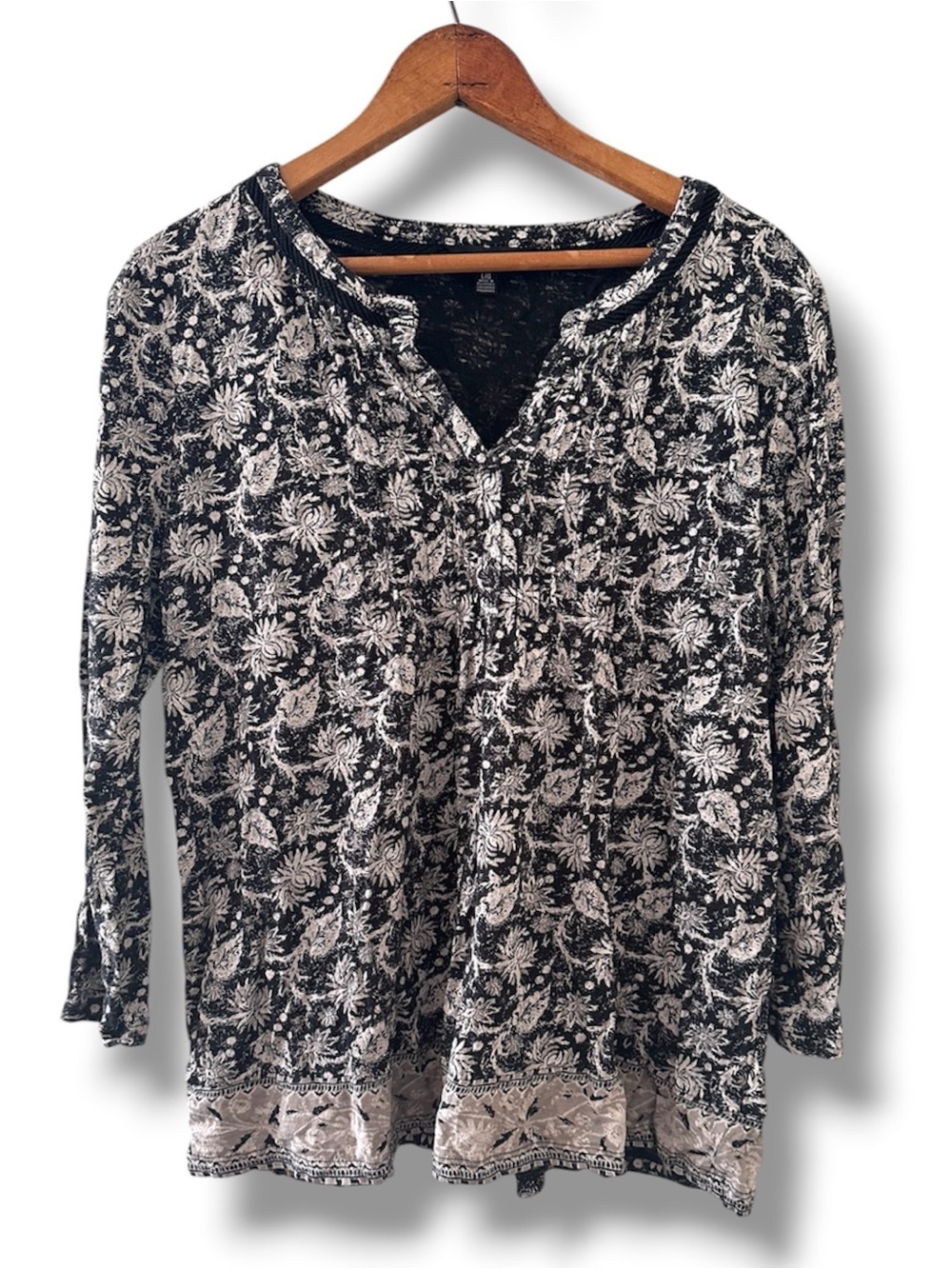 Lucky Brand Border Print Black Floral Tunic Top Women’s Size Large Boho Hippie